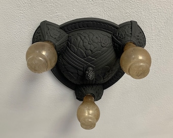 Flush Mount Ceiling Light, 1910's Cast Iron Art Nouveau, Charcoal Black, Rewired and Ready to Install