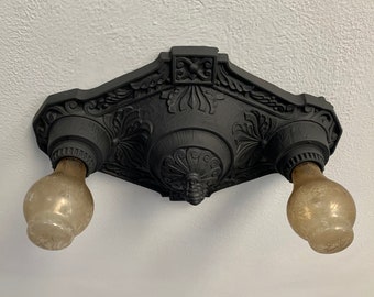 1920's Flush Mount Ceiling Light Fixture, Rewired and Restored, Charcoal Black
