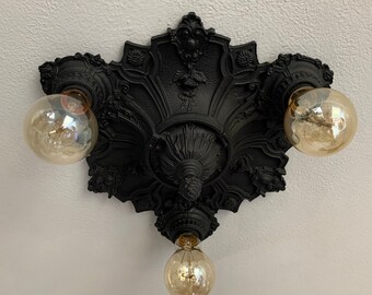 Flush Mount Ceiling Light, 1910's Cast Metal, Art Nouveau with Barbolla Roses, Refinished Charcoal Black, Rewired, Made by Lightolier