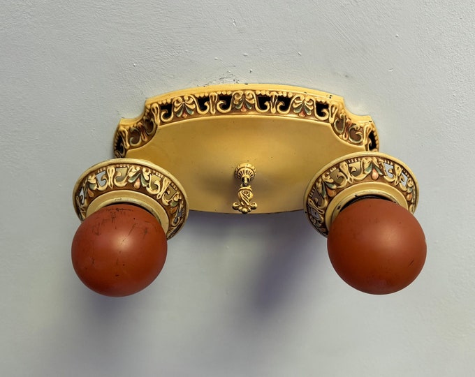 Antique Flush Mount 2 bulb, 1910's Pressed Brass, Original Decor of Summer Straw with Multi-Color Accents