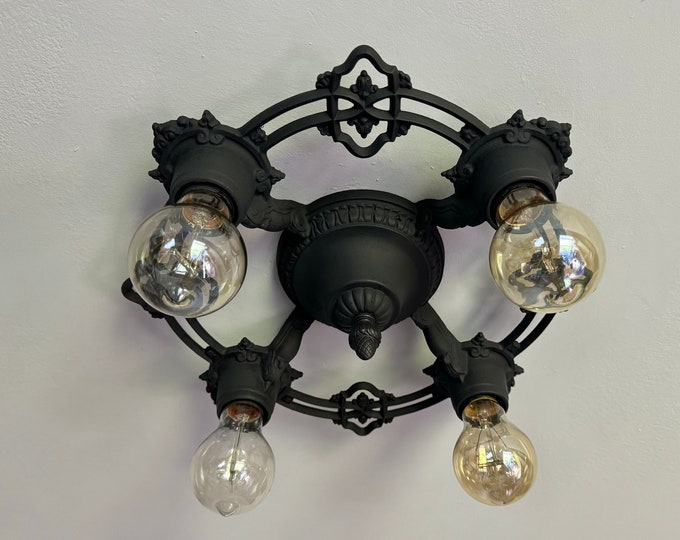 Farmhouse Semi Flush Ceiling Fixture, Antique Cast Aluminum, Charcoal Black, 1910's, Rewired Refinished, Short Ceiling, Riddle Company