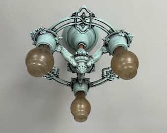 Farmhouse Semi Flush Mount Antique Light Fixture, 1920's Riddle Company, Refinished Robin Egg Blue