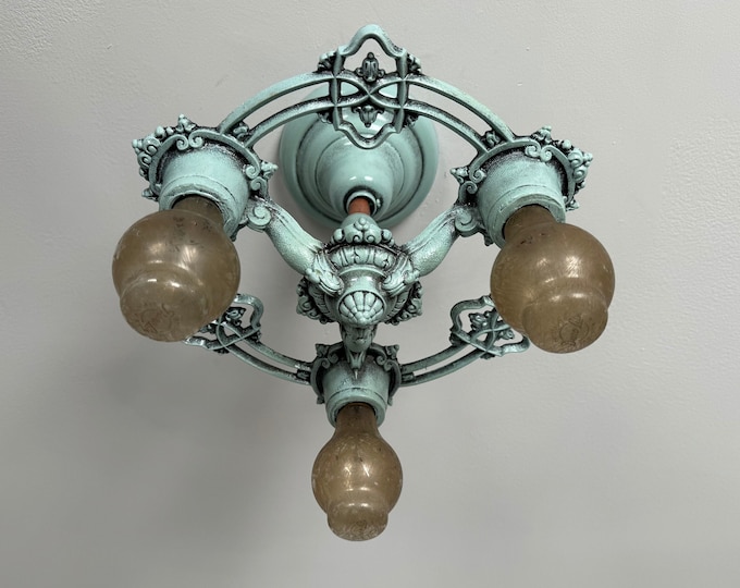 Farmhouse Semi Flush Mount Antique Light Fixture, 1920's Riddle Company, Refinished Robin Egg Blue