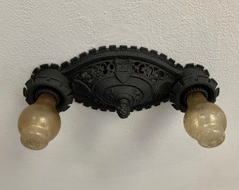 Flush Mount Ceiling Light Fixture, 1910's Charcoal Black with Dentil Molding and Open Lattice,  Rewired/Ready to Install
