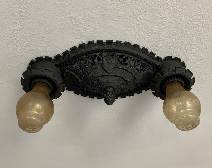 Flush Mount Ceiling Light Fixture, 1910's Charcoal Black with Dentil Molding and Open Lattice,  Rewired/Ready to Install