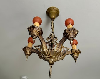 1910's Antique Hanging Chandelier 5 Bulb Fixture, Original Decor Heavy Cast Iron, Restored and Rewired, Ready to Install