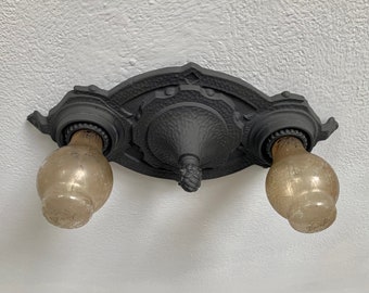 Flush Mount Ceiling Light, 1910's Heavy Cast Iron, Charcoal Black, Rewired and Ready to Install