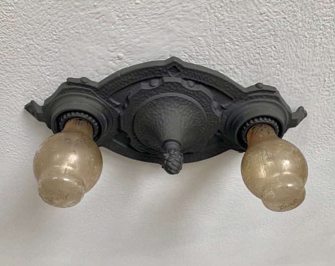 Flush Mount Ceiling Light, 1910's Heavy Cast Iron, Charcoal Black, Rewired and Ready to Install