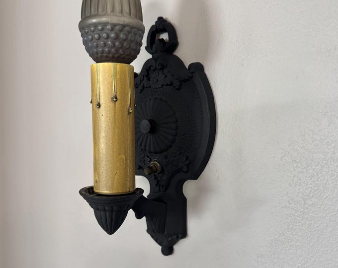 1920's Cast Iron Wall Sconce, Antique Lighting,  Charcoal Black with On/Off Rotary Switch, Merkel