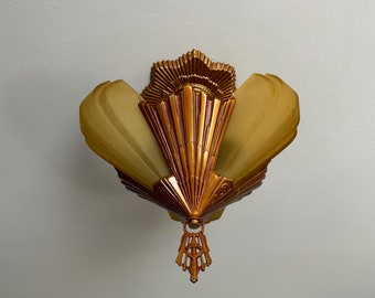 1910s Antique 3 Bulb Slip Shade Chandelier, Semi-Flush, Rewired/ Restored,  Original Decor, JD Virden