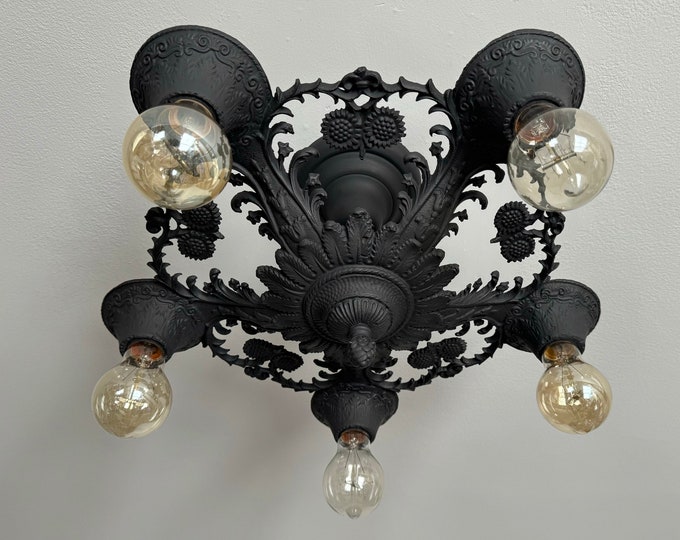 1920's Semi Flush Ceiling Fixture, Antique Lighting, 5 Bulb Rewired and Refinished in Charcoal Black, Shooting Stars and Sunflowers