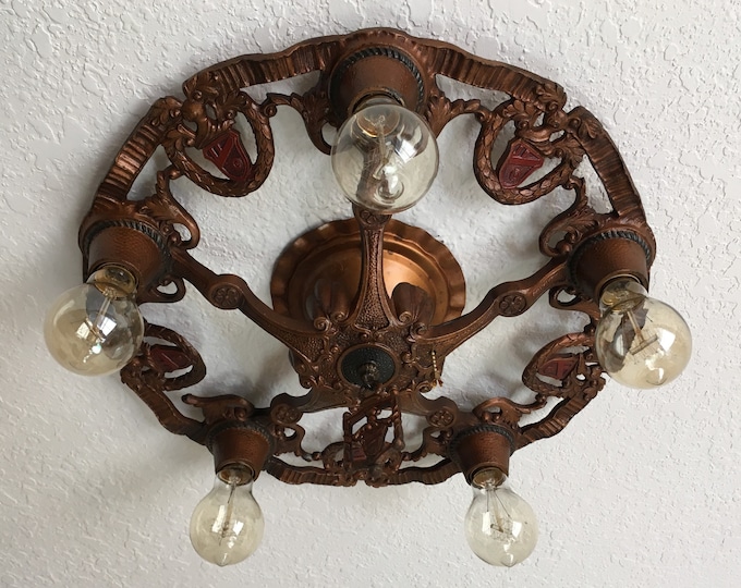Antique Hanging Light Fixture Chandelier, English Tudor, 1910'2 Heavy Cast Iron, Restored and Rewired, Multi Color Patina