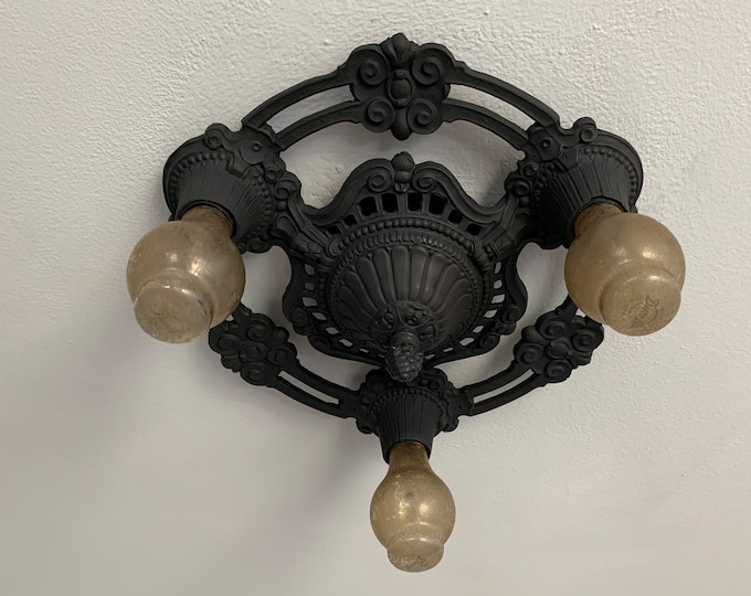1910's Antique Heavy Cast Iron Flush Mount Ceiling Fixture, Rewired and Refinished Charcoal Black, Low Ceiling, Kitchen, Bedroom, Bath