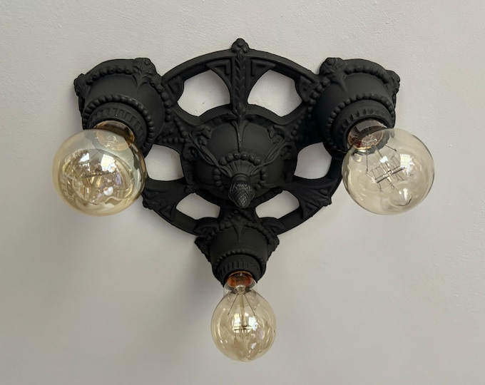 Antique Flush Mount Ceiling Light, 1920's Charcoal Black with Barbolla Roses, Rewired, Low Profile Short Ceiling
