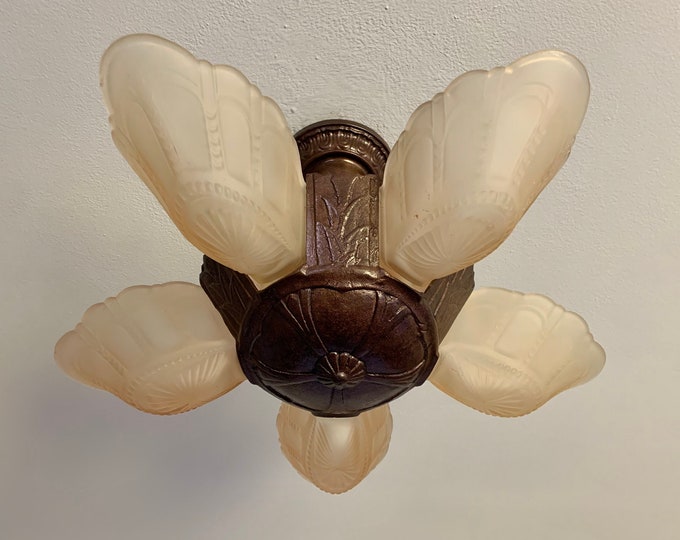 1910s Antique 5 BulbSlip Shade Semi Flush Chandelier with Vaseline Glass, Heavy Cast Iron, Rewired/ Restored