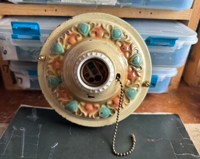Rustic Antique Flush Mount Ceiling Light Fixture, 1920's Single Bulb with On/Off Pull Chain, Original Multi-Color Decor, Art Nouveau