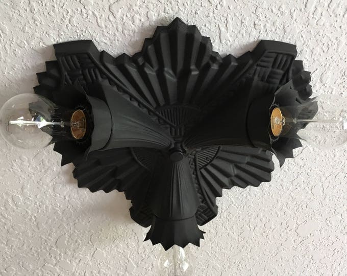 Art Deco Flush Mount Ceiling Fixture, Three Bulb, 1910's Pressed Brass, Refinished Charcoal Black