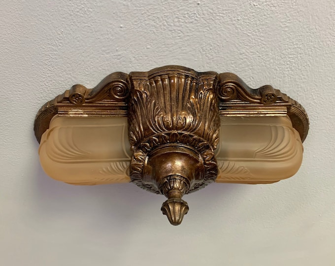1920's Antique Flush Mount Slip Shade Ceiling Fixture, 2 bulb Amber Vaseline Glass, Restored, Original Bronze Decor, Ready to Install