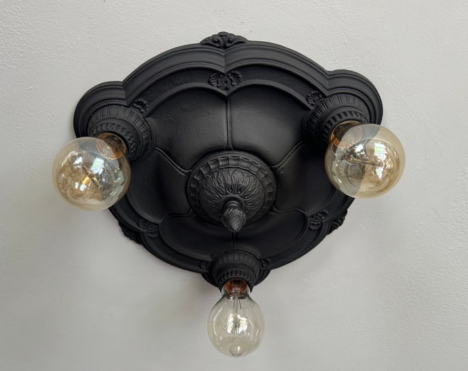 Antique Flush Mount Ceiling Fixture, 1910's Three Bulb, Charcoal Black, Ready to Install