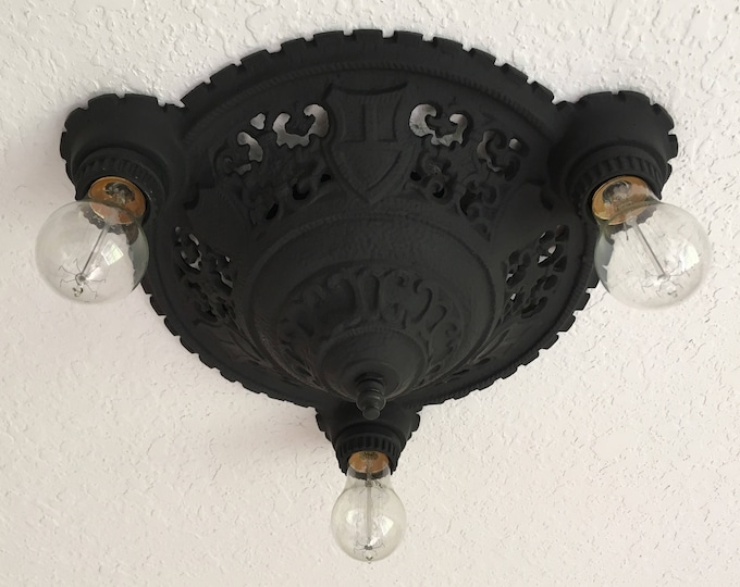 English Tudor Flush Mount Ceiling Fixture, 1910's Heavy Cast Aluminum Three Bulb, Refinished Charcoal Black