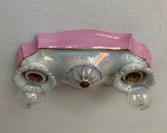 Antique German Porcelain Ceiling Light, Flush Mount, 1930's, Iridescent with Lavender-Pink Surround, Rewired/Restored, Ready to Install