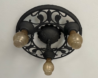 Gothic Semi Flush Mount Ceiling Fixture, 1920&#39;s Heavy Cast Iron, Charcoal Black with Ivy Leaves, Rewired,  Manufactured by Electrolier