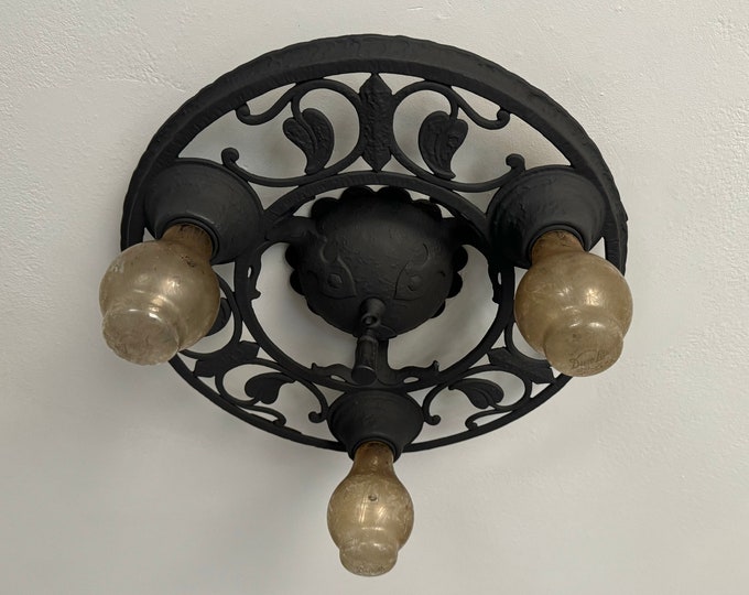 Gothic Semi Flush Mount Ceiling Fixture, 1920's Heavy Cast Iron, Charcoal Black with Ivy Leaves, Rewired,  Manufactured by Electrolier