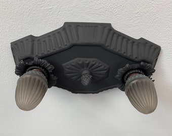 Farmhouse Antique Flush Mount Light Fixture, Two Bulb Pressed Metal, 1930's, Charcoal Black, Rewired, Hallway Bedroom Kitchen Bath