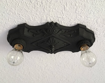 Antique Flush Mount Light Fixture, 1920's Cast Iron Charcoal Black, Rewired/Restored and Ready to Install, Lasalle