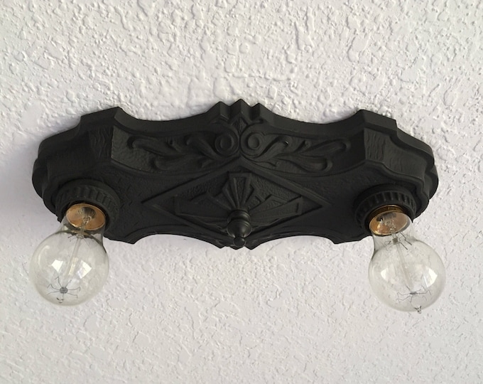 Antique Flush Mount Light Fixture, 1920's Charcoal Black, Rewired/Restored and Ready to Install, Lasalle