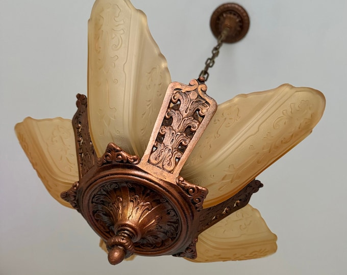 Antique Hanging 5 Light Slip Shade Chandelier, 1920's Cast Iron, Rewired/Restored, Moe Bridges, Satin Vaseline Honey Shades, Tall Ceilings