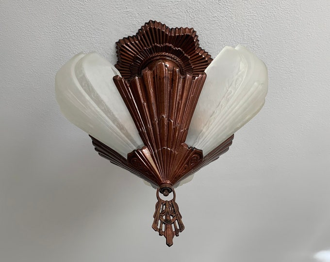 1910s Antique 3 Bulb Slip Shade Semi Flush Chandelier, Rewired/ Restored, JD Virden