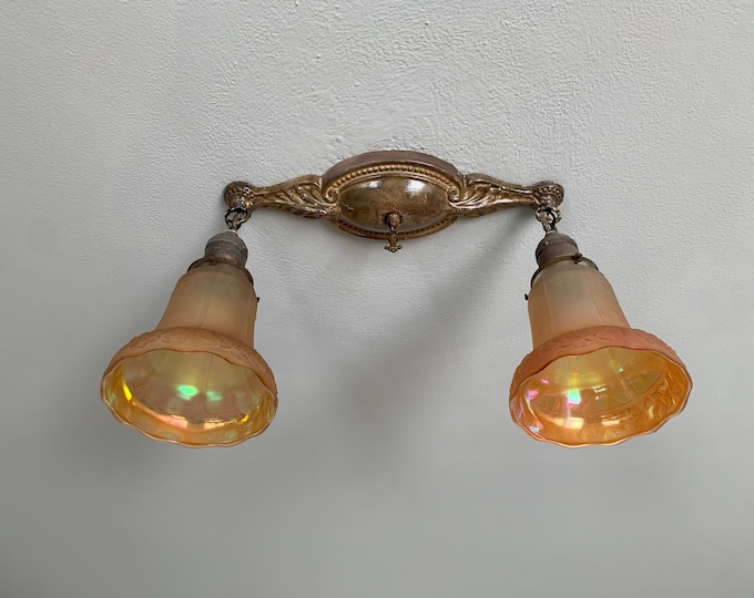 Antique Flush-mount 2 Bulb Fixture with Amber Carnival Glass, Late 1890, Original Decor, Ready to Install