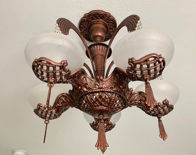 Semi-Flush Gill Glass and Fixture Company Slip Shade Chandelier, Fountain Line Edition, Restored/Rewired, Copper Decor w/ Satin Glass Shades
