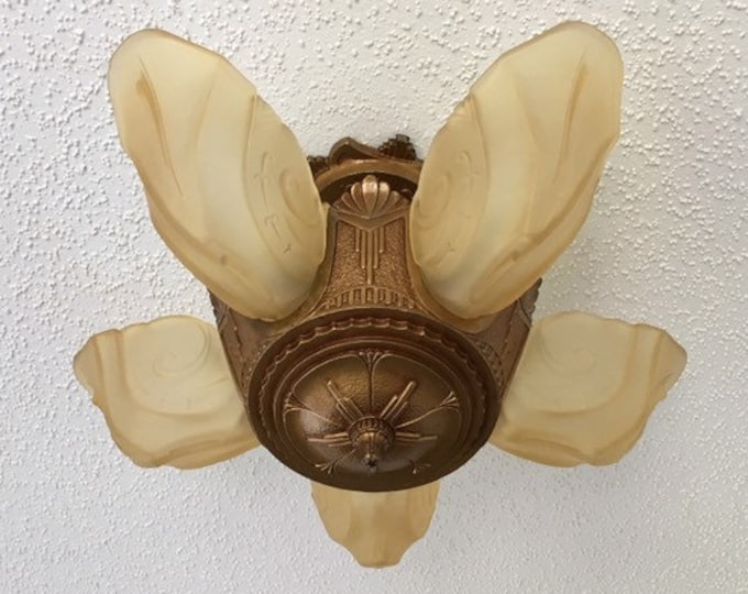 Antique Semi Flush 5 Light Slip Shade Chandelier, Art Deco cast Iron, Rewired Restored, Satin Honey Shades, 1920's