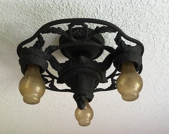 Farmhouse Semi Flush Ceiling Fixture, Antique Heavy Cast Iron, Charcoal Black, 1920's Rewired/Refinished, Short Ceilings