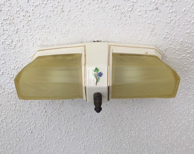 Antique Flush Mount Slip Shade Ceiling Fixture, 2 Light Cream and Gold, Restored, Porcelain with Amber Glass Slip Shades