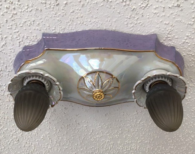 Antique German Porcelain Ceiling Light, Flush Mount, 1930's, Iridescent Lavender, Rewired/Restored, Ready to Install
