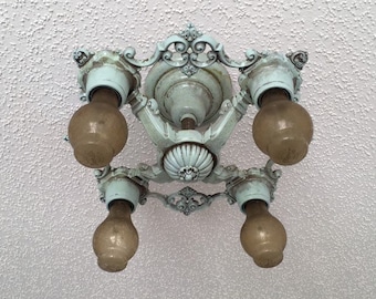 Farmhouse Semi Flush Mount Light Fixture, 1920's Riddle Company, Refinished Robin Egg Blue, Riddle Company