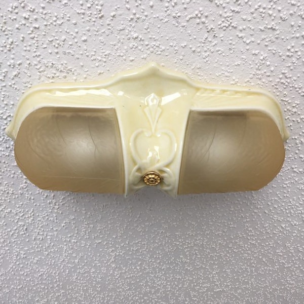 Antique Flush Mount Slip Shade Ceiling Fixture, 2 Light Cream and Gold, Restored, Porcelain with Amber Glass Slip Shades