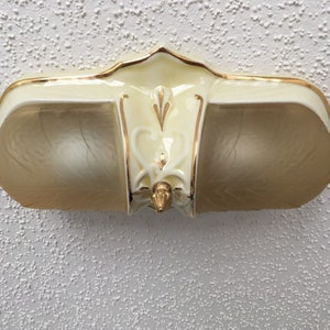 Antique Flush Mount Slip Shade Ceiling Fixture, 2 Light Cream and Gold, Restored, Porcelain with Amber Glass Slip Shades