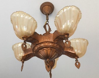 Antique Semi Flush 5 Light Slip Shade Chandelier, Art Deco, Rewired Restored, Satin Honey Shades