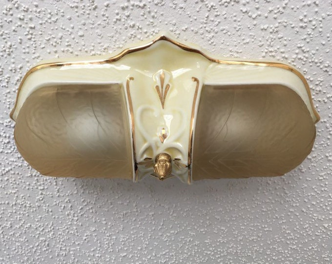Antique Flush Mount Slip Shade Ceiling Fixture, 2 Light Cream and Gold, Restored, Porcelain with Amber Glass Slip Shades