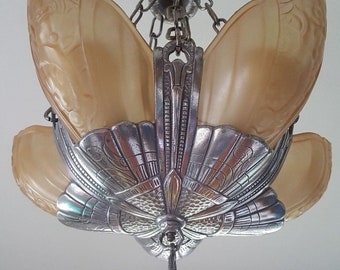 Slip Shade 5 Light Hanging Chandelier, 1920's Original Nickel Decor, Rewired/Restored, Ready to Hang, Lincoln Electric