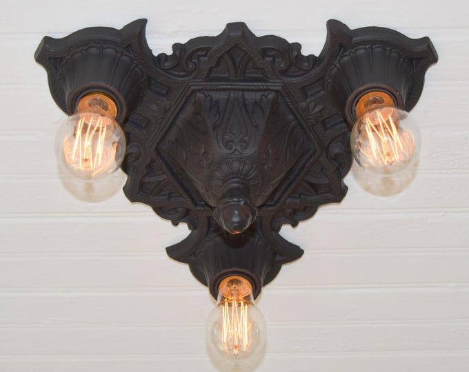 Farmhouse Flush Mount Ceiling Light Fixture, Refinished Charcoal Black, 1910's, Rewired and Ready to Install, Heavy Cast Iron