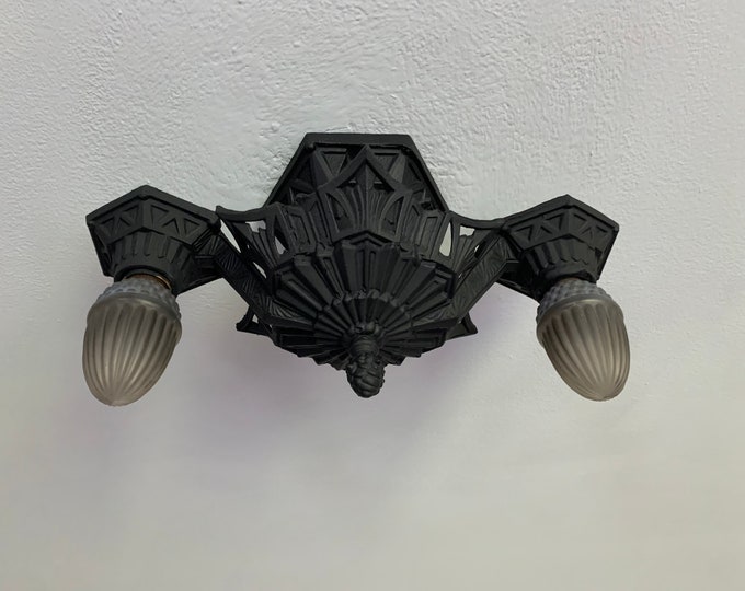 Antique Art Deco Semi-Flush Mount Ceiling Fixture, 1910's Cast Iron, Refinished Charcoal Black, Hallway, Bedroom, Kitchen, Entryway.