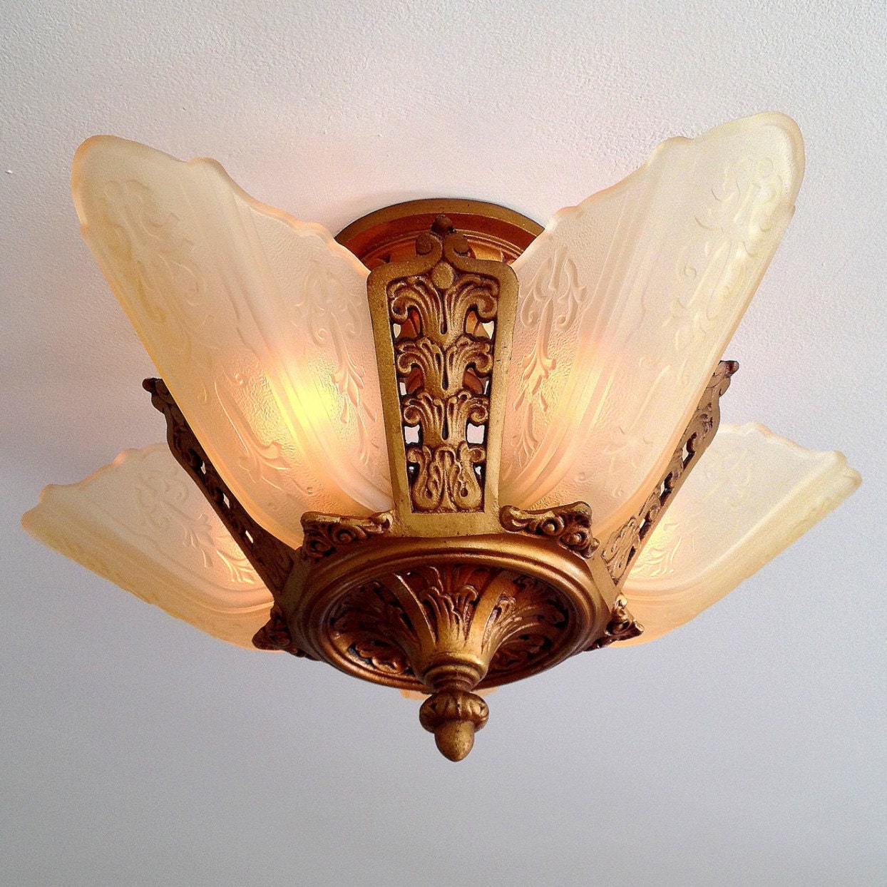 Antique Semi Flush 5 Light Slip Shade Chandelier, Art Deco, Rewired