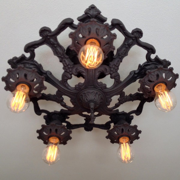 RESERVED 1910's Victorian Semi Flush Ceiling Fixture, Cast Iron, Antique Lighting, Rewired and Refinished Charcoal Black, Living Room