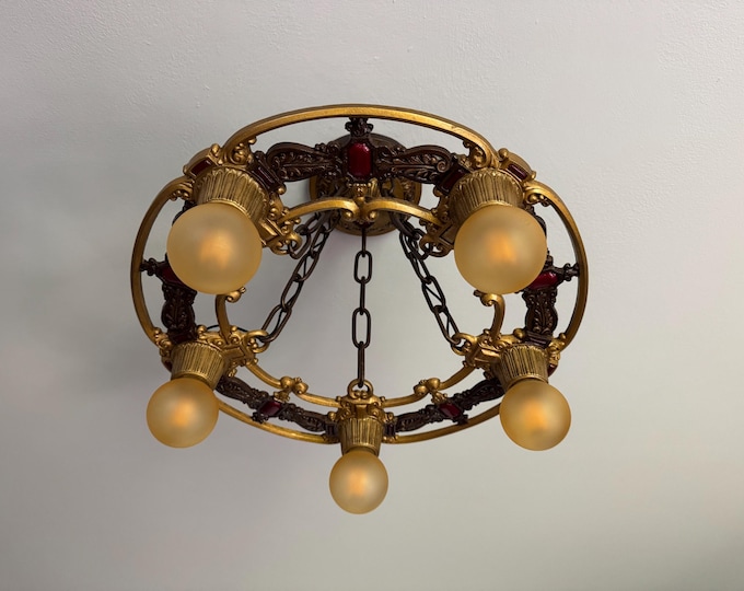 Antique Hanging 5 Bulb Chandelier, 1910's Deep Bronze Decor with Red Accents, Rewired/Restored and Ready to Install, Riddle Company
