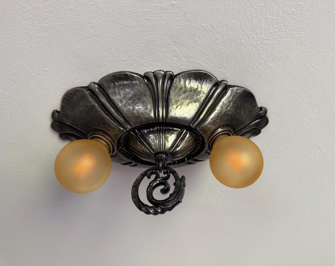 Flush Mount Ceiling Light, 1910's Heavy Cast Iron, Two Bulb Original Nickel Decor, Rewired and Ready to Install, Merkel Electric Products